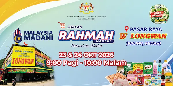 Jualan Rahmah di cawangan Pasaraya Longwan Baling, Kedah dari 23 - 24/10/2026