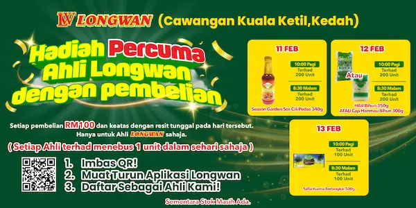 Bahagian PASAR SEGAR, Bahagian MAKANAN dan Bahagian KEPERLUAN HARIAN akan mula beroperasi di Pasaraya Longwan Kuala Ketil pada 05 Februari 2026.