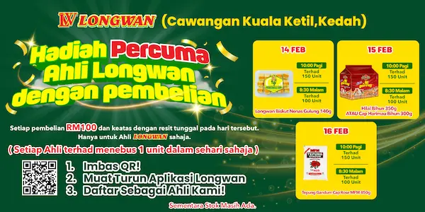 Bahagian PASAR SEGAR, Bahagian MAKANAN dan Bahagian KEPERLUAN HARIAN akan mula beroperasi di Pasaraya Longwan Kuala Ketil pada 05 Februari 2026.