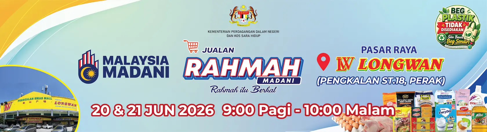Jualan Rahmah Madani pada 20-21 Jun 2026 di Pasaraya Longwan Pengkalan Station 18, Perak.
